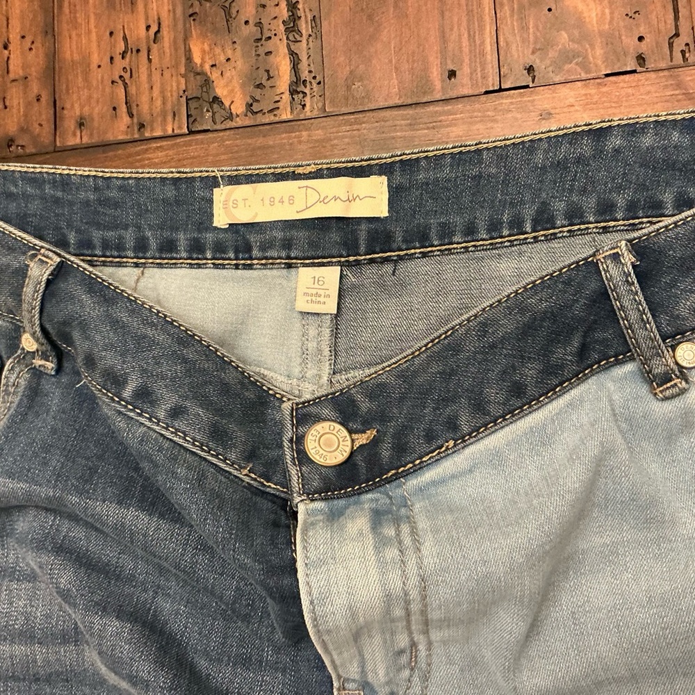 Women's Blue Midi Patchwork Denim Skirt Y2K Coastal Cowgirl Boho Western Size 16 - Picture 2 of 3